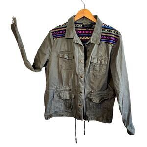 Size XL Y2K Army Green Utility Anorak Jacket – Boho Tribal Shoulder Detail